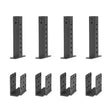 The product, Folding Rack Wall Connectors & Hinges by Bells of Steel, features four black metal brackets designed for installation. These U-shaped brackets have multiple holes for secure attachment with bolts or screws to wall studs and mounting plates, ideal for folding racks or Hydra & Manticore racks.