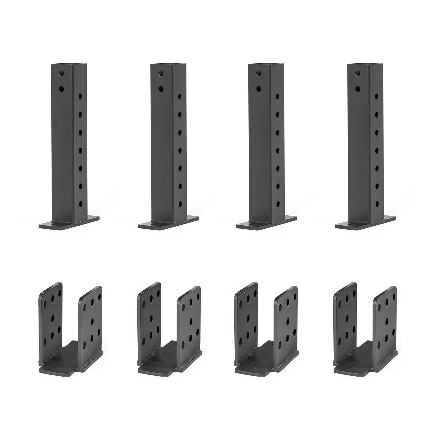 The product, Folding Rack Wall Connectors & Hinges by Bells of Steel, features four black metal brackets designed for installation. These U-shaped brackets have multiple holes for secure attachment with bolts or screws to wall studs and mounting plates, ideal for folding racks or Hydra & Manticore racks.