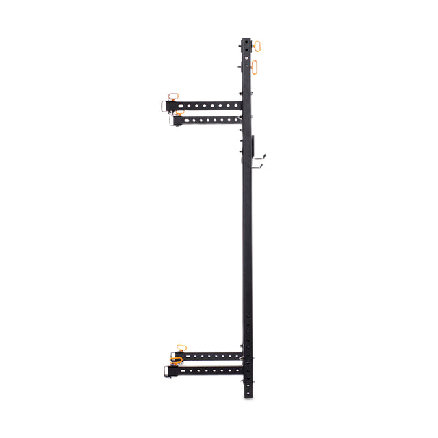 The Bells of Steel Folding Rack 2.3" x 2.3" (5/8" Holes) is a black metal squat rack with dual arms, orange adjustment knobs, and customizable holes—ideal for any garage gym setup. Photographed upright against a white background.