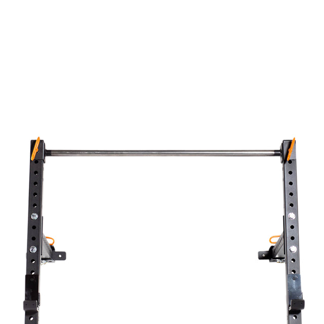 The Bells of Steel Folding Rack 2.3" x 2.3" (5/8" Holes) features a metal pull-up bar, black adjustable folding frame, and orange safety pins—ideal for garage gyms and displayed against a white background.