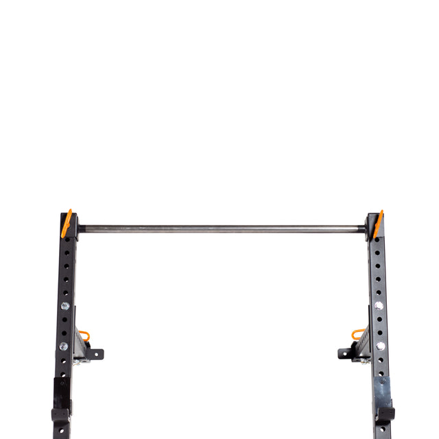 A Bells of Steel Folding Rack 2.3" x 2.3" (5/8" Holes) in black metal, shown partially folded with an empty pull-up bar at the top—ideal for garage gyms and isolated on a white background.