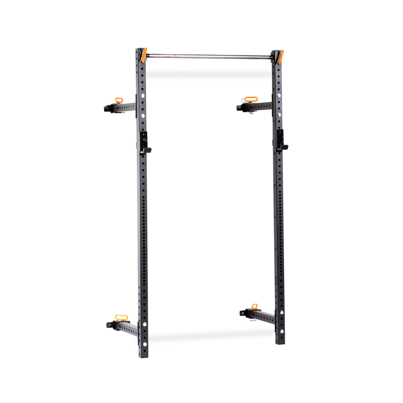 The Bells of Steel Folding Rack 2.3" x 2.3" (5/8" Holes) features a black steel frame, orange accents, adjustable safety bars, and a top pull-up bar—ideal for weightlifting and strength training in any garage gym.