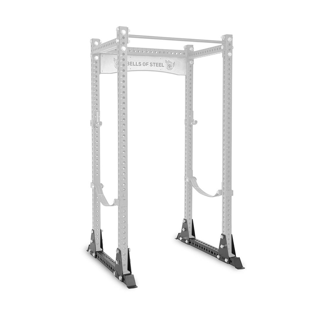 The Manticore Flat Foot Components by Bells of Steel has a sturdy steel frame with a pull-up bar and adjustable safety bars. Its minimalist design with the brand logo on top is perfect for home or professional gyms, providing optimal stability with its robust flat foot support system.