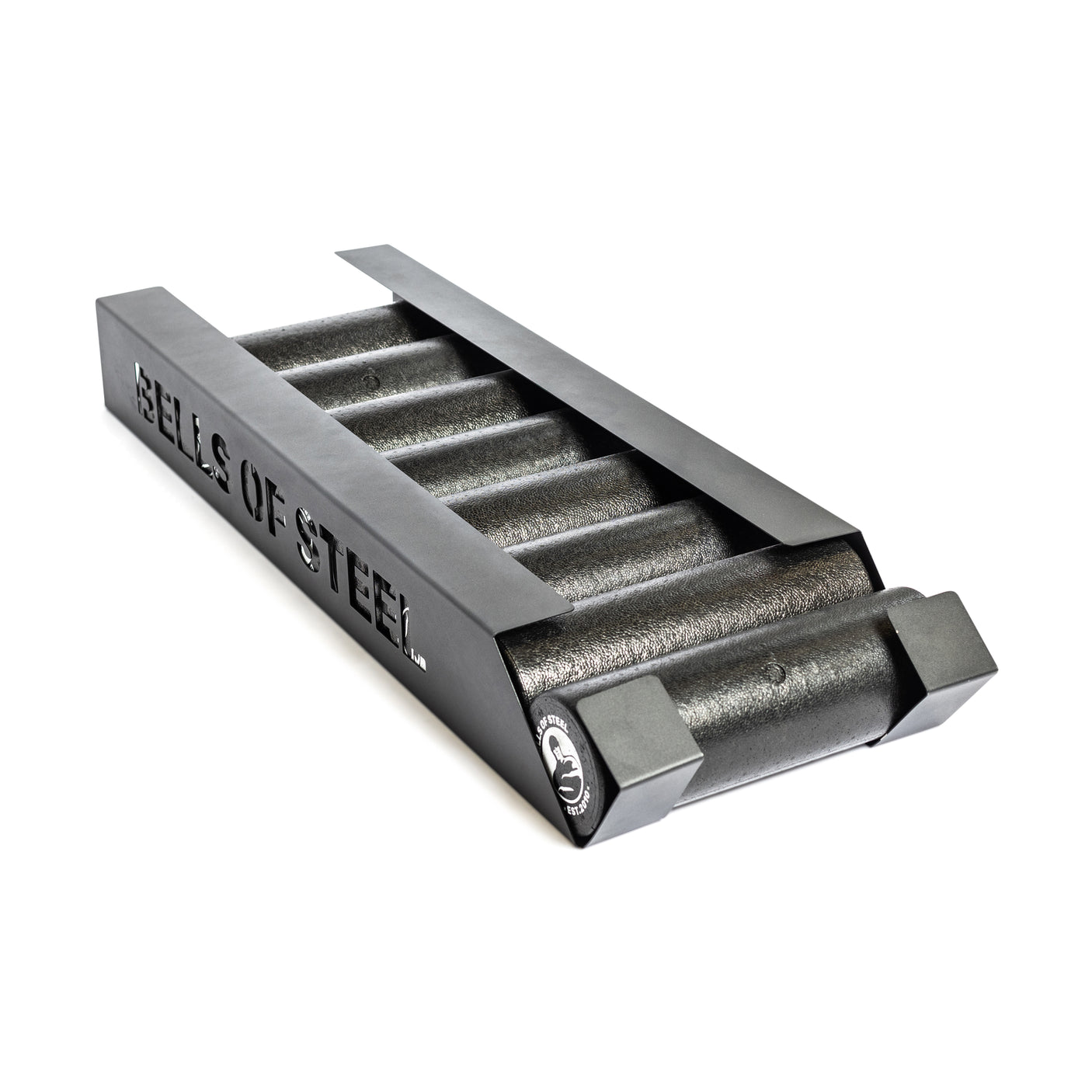 The Bells of Steel Foam Roller Storage is a black metal rack with "BELLS OF STEEL" cut out on the side, ideal for organizing foam rollers and bars to keep your gym space streamlined and tidy.