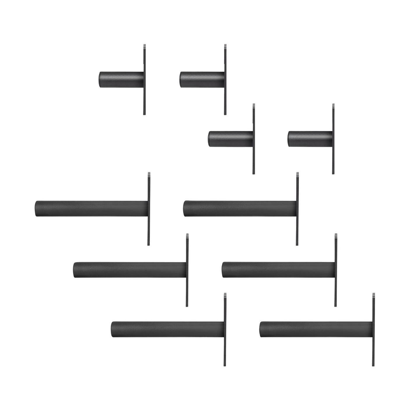 Ten Bells of Steel Bolt-On Plate Peg Sets with flat circular bases, perfect for plate storage, are unevenly spaced and horizontally aligned on a white background.