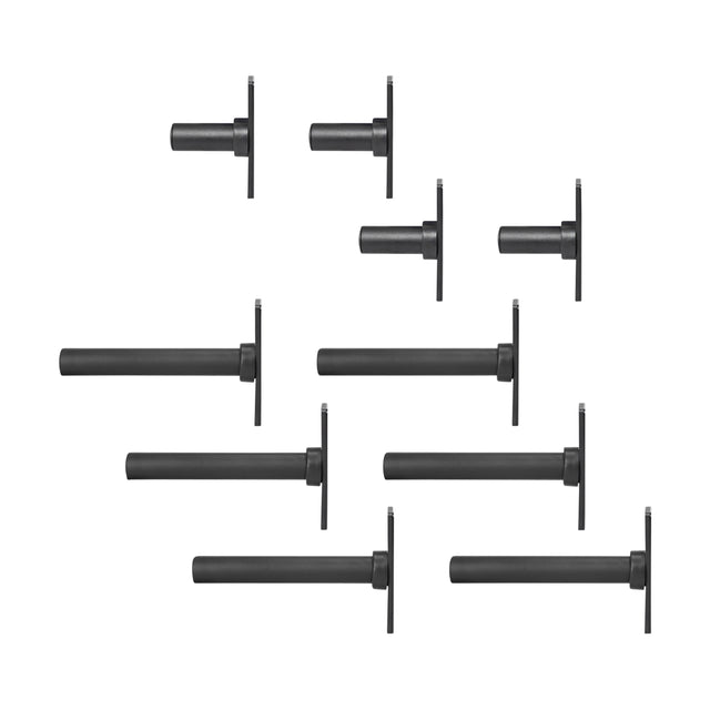 Ten Bells of Steel Bolt-On Plate Peg Sets in black metal, each with a rectangular base and horizontal cylindrical rod, are arranged against a white background—perfect for weight plate storage or as power rack plate pegs.