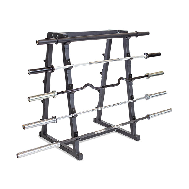The Bells of Steel Fixed Barbell Rack securely holds five types of weightlifting bars, such as Olympic and curl bars, displayed horizontally on separate shelves against a white backdrop.