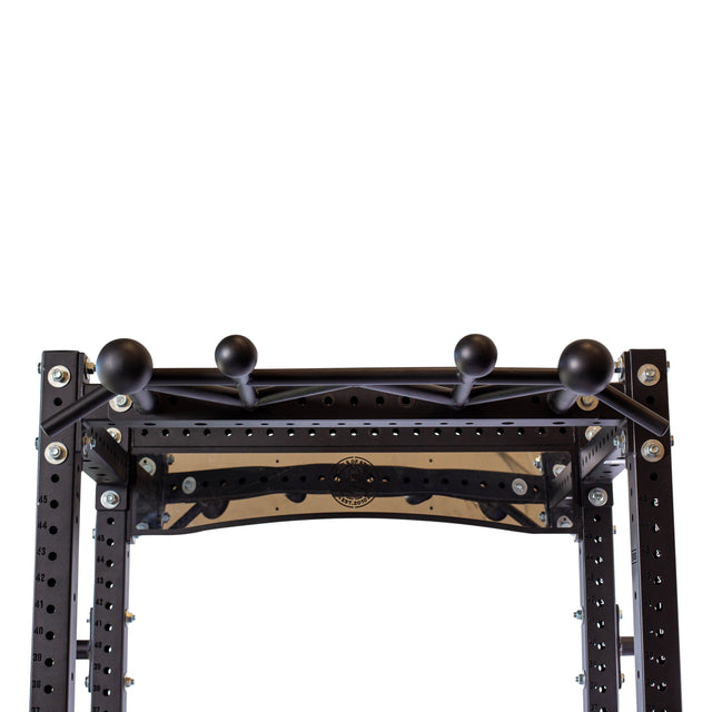 A close-up of the Bells of Steel Globe Pull Up Bar, a black metal power rack attachment with four evenly spaced spherical grips on top to enhance grip strength, featuring multiple holes and bolts for adjustable attachments.