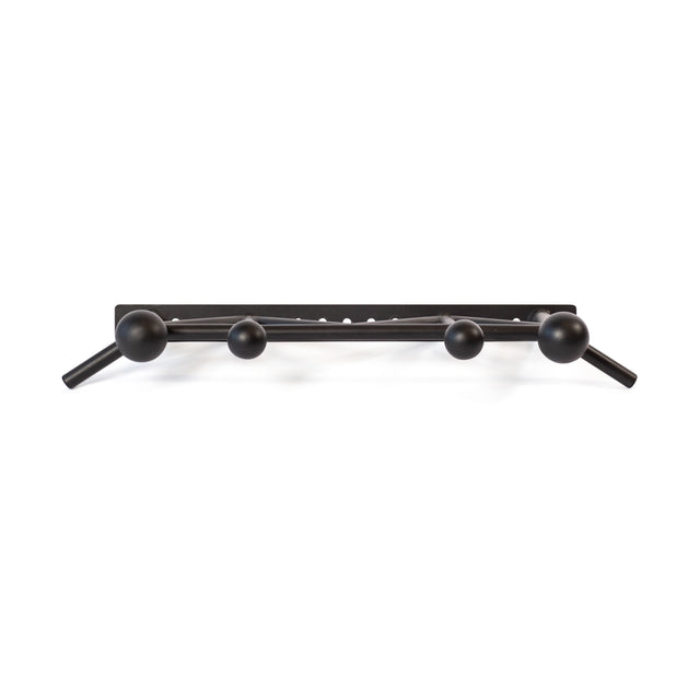 The Bells of Steel Globe Pull Up Bar is a modern black wall-mounted rack with four round hooks and angled ends, all attached to a straight, pull-up bar-inspired design for enhanced strength and durability.