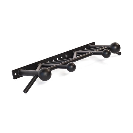 The Bells of Steel Globe Pull Up Bar is a sleek black, wall-mounted rack with a geometric zigzag design and five spherical grips in various sizes—perfect for organizing coats or boosting grip strength as a mini pull-up bar at home.