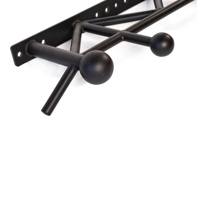 A close-up of the Bells of Steel Globe Pull Up Bar, a black metal wall-mounted rack with two round hooks and angled support rods reminiscent of pull-up bar grip strength, set against a white background.