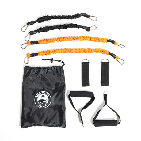 Two black and two orange resistance bands with carabiner clips, handles, ankle straps, and a Bells of Steel logo drawstring bag—great for home workouts or using with your Soft Glute Bench—shown on a white background.