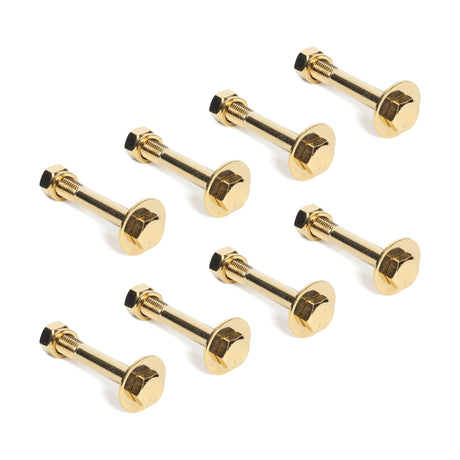 Seven Bells of Steel Gold / Black Titanized Bolts for Hydra, often used as power rack or 3x3 rack hardware, are arranged with hexagonal nuts on a white background in a staggered pattern.