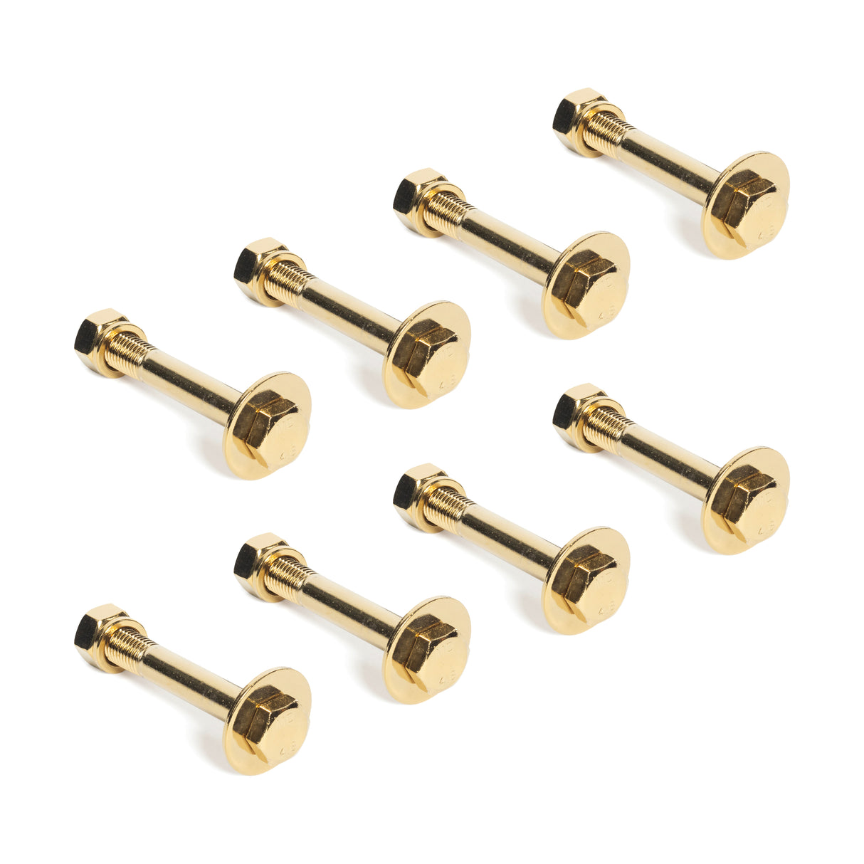 Seven Gold / Black Titanized Bolts for Hydra by Bells of Steel with nuts, arranged diagonally on a white background—ideal as power rack bolts or 3x3 rack hardware.