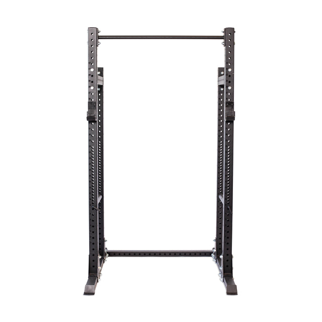The Bells of Steel Hydra Half Rack Builder (3" x 3", ⅝" holes) is a freestanding black metal rack for home gym weightlifting, ideal for squats and pull-ups. Shown empty against a white background.