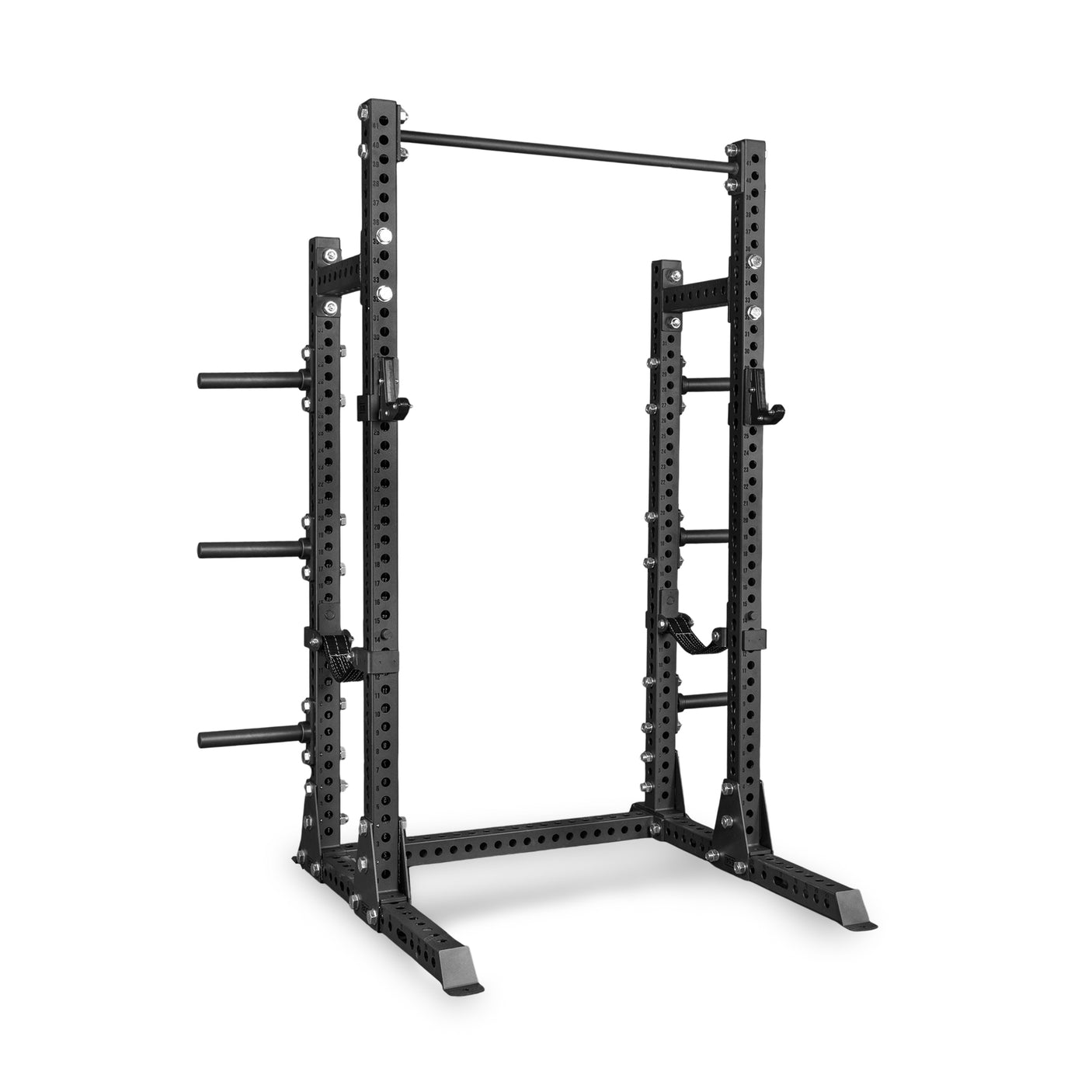 Introducing the Bells of Steel Manticore Half Rack - Prebuilt: a robust black metal power rack designed for weightlifting, featuring sturdy 3" x 3" uprights with 1" holes for versatile bar position adjustments, a pull-up bar at the top, and convenient storage pegs on the sides for weight plates—making it an ideal addition to any home gym.