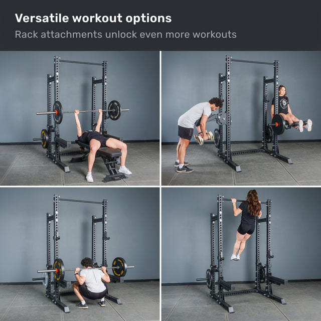 Four images display people using the Bells of Steel Manticore Half Rack - Prebuilt (3" x 3", 1" Holes) for exercises including bench press, bent-over row, hanging leg raises, and pull-ups. At the top, text reads: "Versatile workout options—rack attachments unlock even more exercises, making the Manticore Half Rack perfect for your home gym or half rack setup.