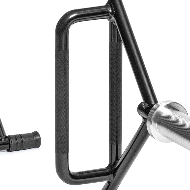 Close-up of a black, rectangular handle on the Bells of Steel Open Trap Bar / Hex Bar for weightlifting, with part of the bar and its rotating sleeves shown against a white background.