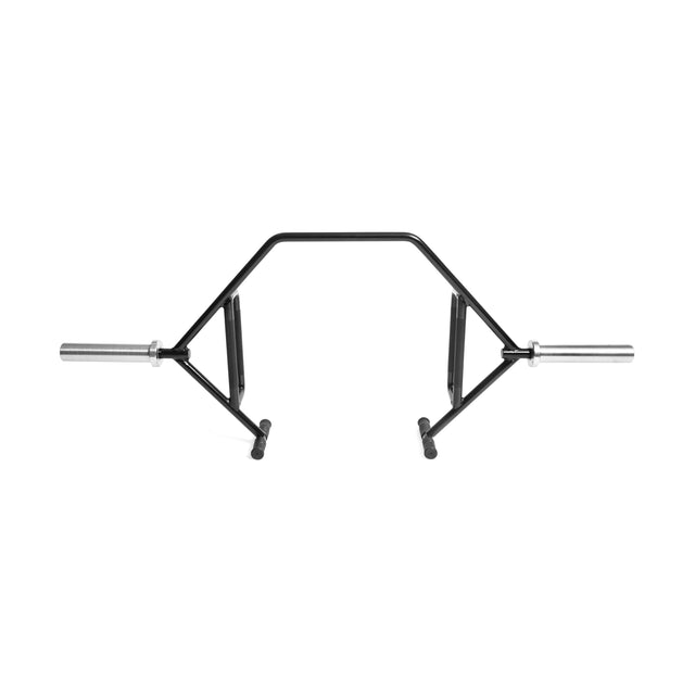 The Bells of Steel Open Trap Bar / Hex Bar is shown on a white background. This black, hexagonal bar has rotating sleeves, raised handles, and angled sides for an easier grip during deadlifts and shrugs.