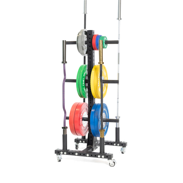 The Bells of Steel Hydra Bumper Plate Tree Builder is ideal for home gyms, organizing colorful plates effortlessly. With slots for a barbell and curl bar, its wheeled design ensures easy mobility and compatibility with Hydra rack attachments.