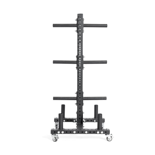 The Bells of Steel Hydra Bumper Plate Tree Builder is a black metal vertical weight storage rack on wheels, featuring multiple horizontal pegs for holding plates. Its sturdy, industrial design makes it ideal for both commercial and home gyms.