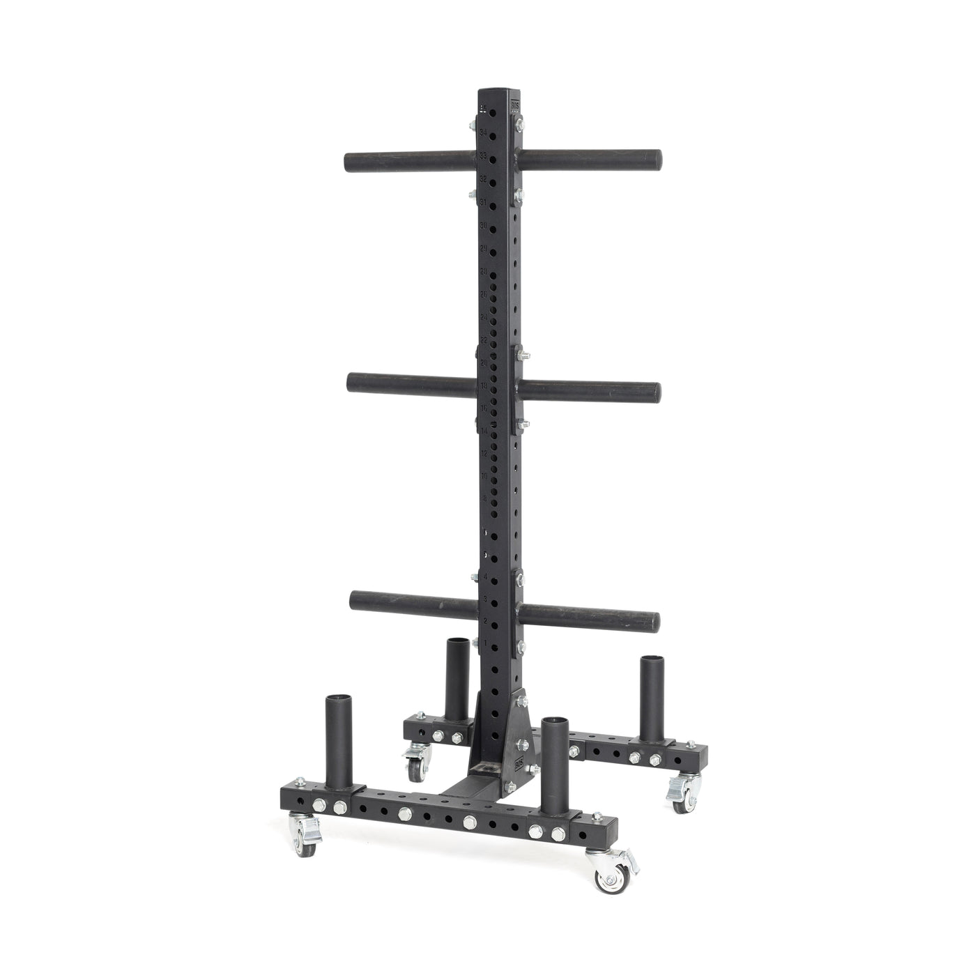 The Bells of Steel Hydra Bumper Plate Tree Builder is a sleek black vertical storage rack on wheels ideal for home gyms, featuring multiple pegs for weight plates and a sturdy frame. Its four casters offer easy mobility, and it can be enhanced with versatile Hydra rack attachments.