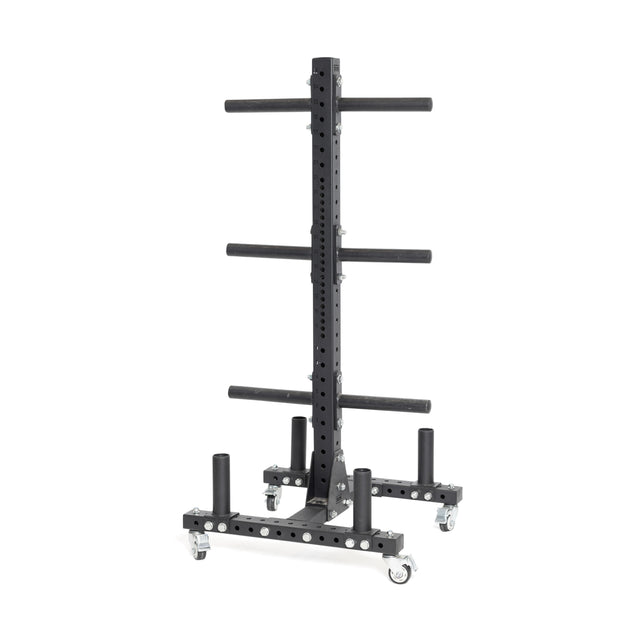 The Bells of Steel Hydra Bumper Plate Tree Builder is a sleek black vertical storage rack on wheels ideal for home gyms, featuring multiple pegs for weight plates and a sturdy frame. Its four casters offer easy mobility, and it can be enhanced with versatile Hydra rack attachments.