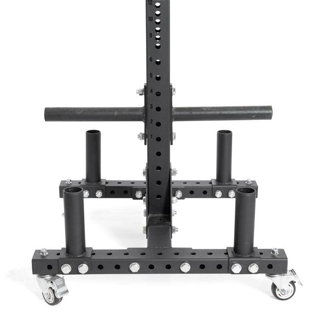 The Bells of Steel Hydra Bumper Plate Tree Builder is a black adjustable metal stand with holes, four swivel wheels, horizontal bars, and vertical pegs for weight storage. Ideal for home gym organization, it can be upgraded with Hydra rack attachments.