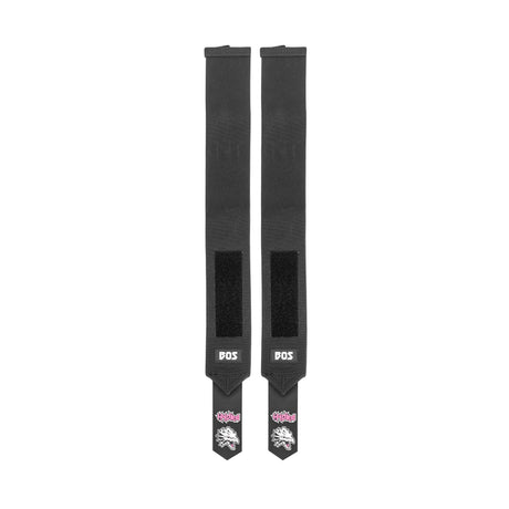 Two black Mighty Wrist Wraps by Bells of Steel, featuring velcro straps, a BOS logo, and white and pink floral ends, laid flat on white—ideal wrist support and powerlifting essentials for your workouts.