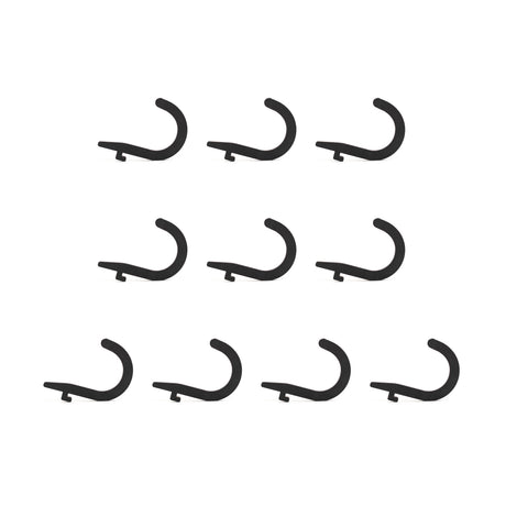 Ten identical Bells of Steel Utility Hooks are arranged in four rows on a white background. Each black plastic hook features a curved design with a protruding notch, ideal for organizing gym cable attachments and accessories.