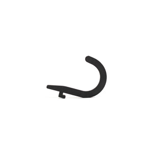 The Bells of Steel Utility Hook, black and curved with a small notch for organizing cable attachments, is shown against a plain white background.