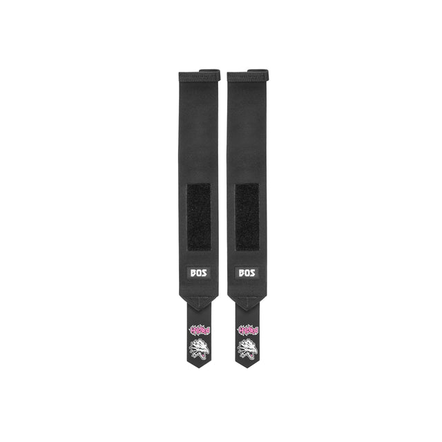 Two black Mighty Wrist Wraps by Bells of Steel with velcro fasteners are displayed side by side on a white background. Featuring pink and white accents, these wraps provide reliable wrist support—essential for powerlifting.