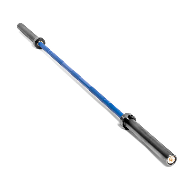 The Bells of Steel Multi-Purpose Olympic Barbell – The Utility Bar, featuring a sleek design with blue and black finishes and silver ends on a white background, is Cerakote-coated for durability and style, expertly crafted for weightlifting exercises.