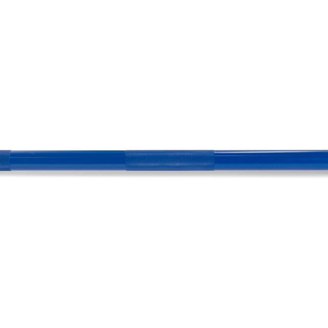 A long, blue Multi-Purpose Olympic Barbell by Bells of Steel is set on a white background, featuring a textured grip section in the middle and enhanced with durable Cerakote-coated for a sleek finish.