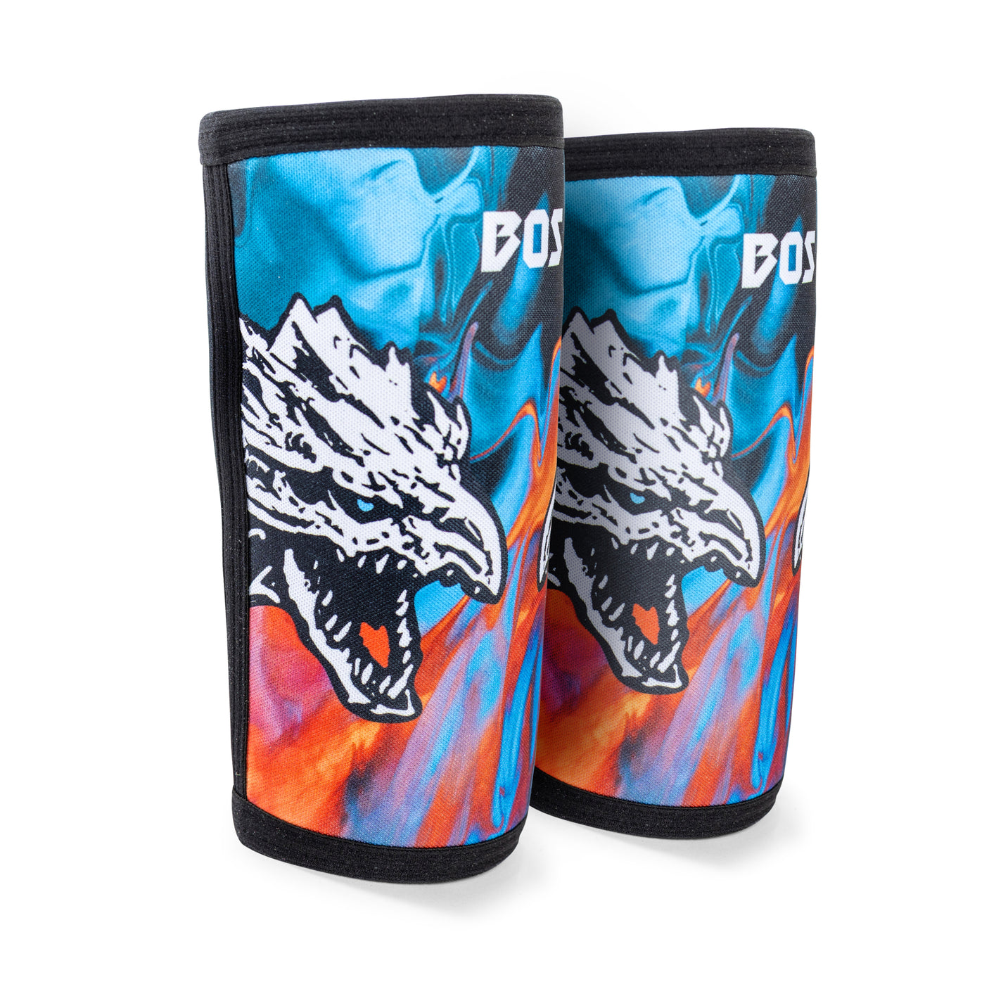 Bells of Steel Elbow Sleeves feature a fierce white dragon head on a vibrant blue and orange background, bold white text at the top, and provide both compression support and eye-catching style.
