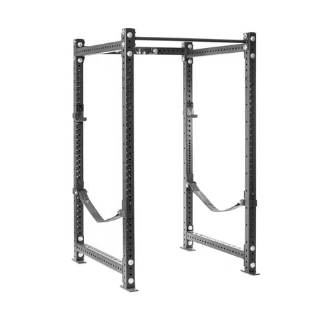 The Bells of Steel Hydra Four Post Power Rack - Prebuilt (3" x 3", ⅝" holes) is a black steel rack with multiple adjustment holes and two safety straps, perfect for weightlifting and strength training in your home gym.