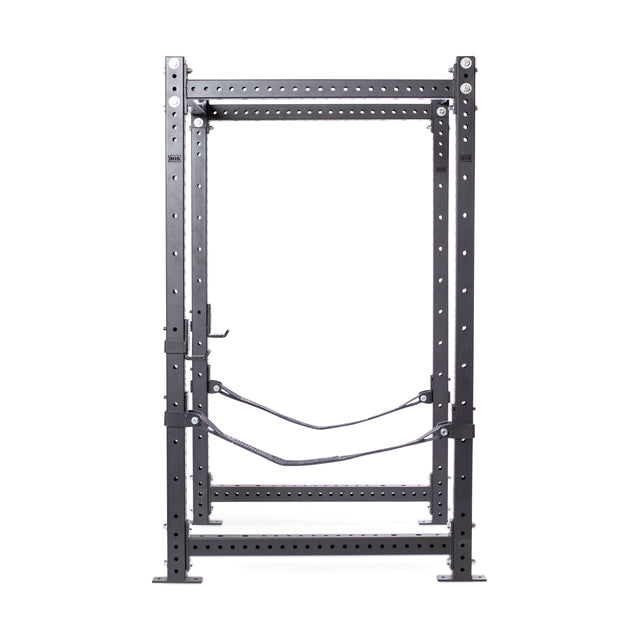 The Bells of Steel Hydra Four Post Power Rack (3" x 3", ⅝" Holes) is a black, metal, standalone weightlifting rack with multiple holes for adjustable attachments and two safety straps across the lower middle section. Perfect for any home gym.