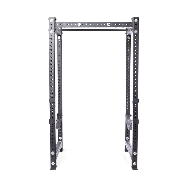The Bells of Steel Hydra Four Post Power Rack - Prebuilt (3" x 3", ⅝" Holes) is a black metal weightlifting rack with adjustable attachments, ideal for home gyms, featuring four uprights and shown on a white background.