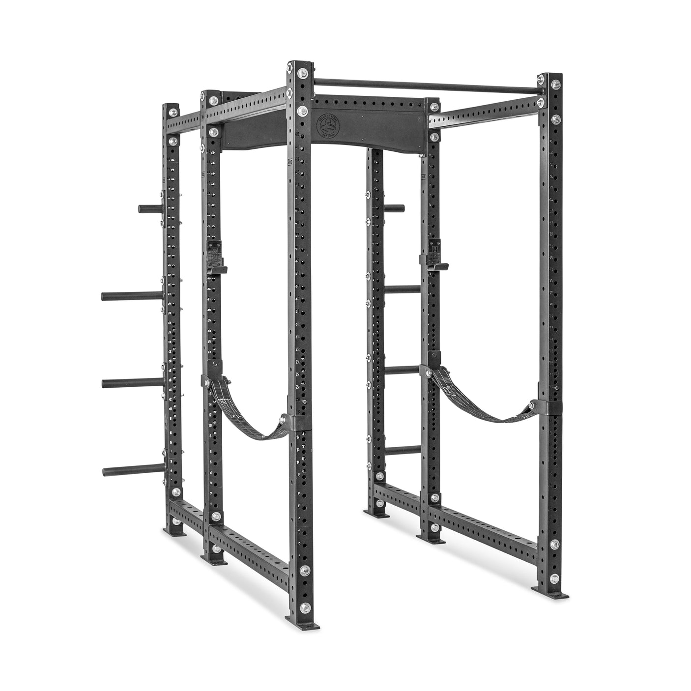 The Bells of Steel Hydra Six Post Power Rack - Prebuilt (3" x 3", ⅝" holes) is a black modular rack featuring adjustable attachments, safety straps, and vertical posts with plate storage for strength training and weightlifting.