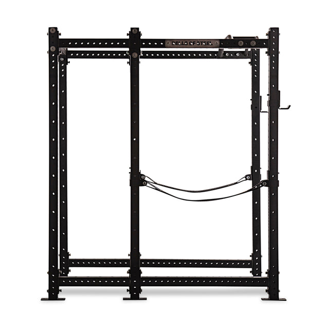 The Bells of Steel Hydra Six Post Power Rack - Prebuilt (3" x 3", ⅝" Holes) is a black steel modular rack with adjustable holes, a top pull-up bar, strap safeties, and optional weight plate storage—ideal for strength training.