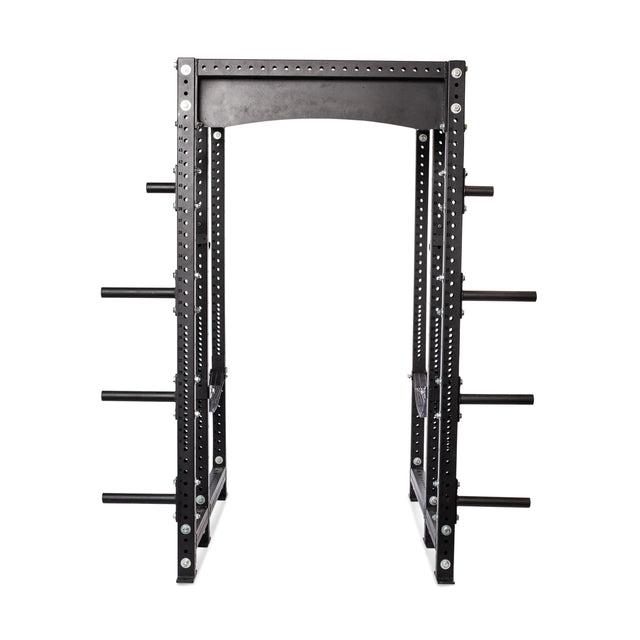 The Bells of Steel Hydra Six Post Power Rack Builder (3" x 3", ⅝" Holes) is a black metal rack with modular components, multiple adjustable holes, and eight horizontal weight plate storage pegs, shown on a white background.