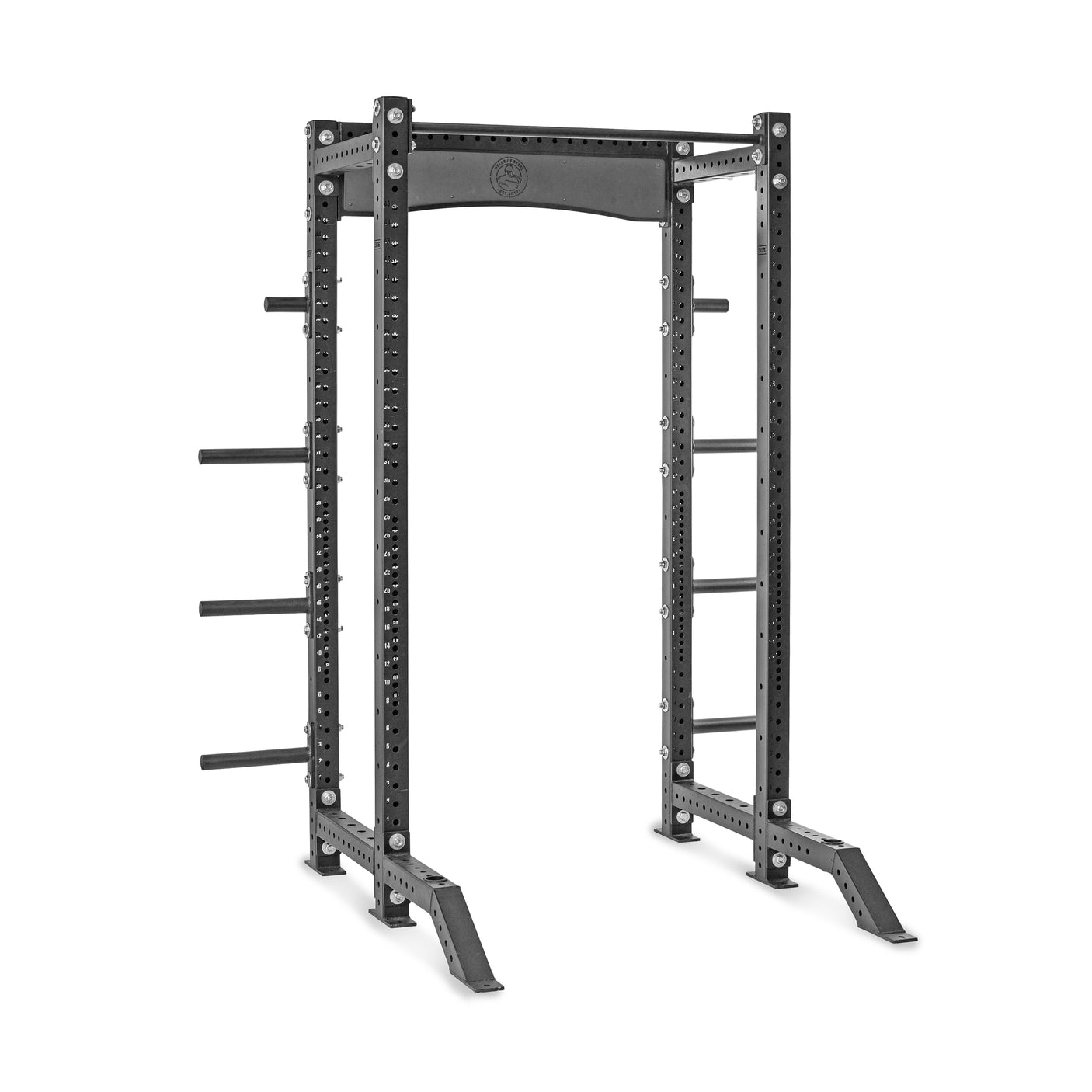 The Bells of Steel Hydra Collegiate Power Rack - Prebuilt (3" x 3", ⅝" holes) is a black metal weightlifting rack for home gyms, featuring multiple attachment holes, stabilizing side bars, and horizontal pegs for plate storage.