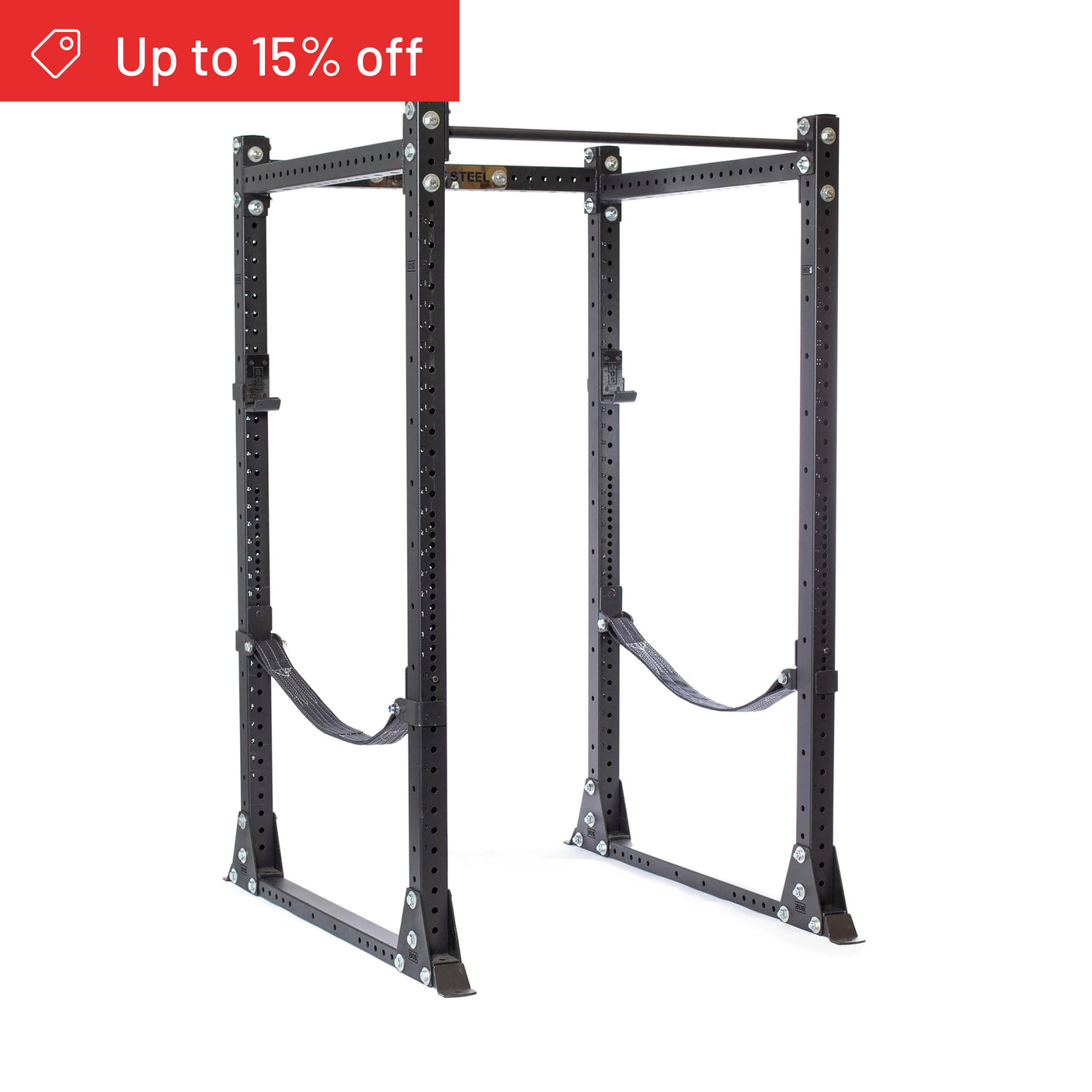 The Bells of Steel Hydra Flat Foot Power Rack Builder (3" x 3", ⅝" Holes), shown in black on a white background, is ideal for home gyms. A red banner at the top left announces "Up to 15% off.