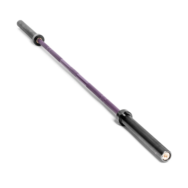 The Bells of Steel Multi-Purpose Olympic Barbell, featuring purple sleeves and markings, is showcased diagonally on a white background.