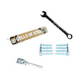 The Bells of Steel Hydra Hardware set includes a metal nameplate, black wrench, BOS handle, Smith Machine adapters, Hydra rack bolts, and concrete anchor bolts, all arranged neatly on a white background.
