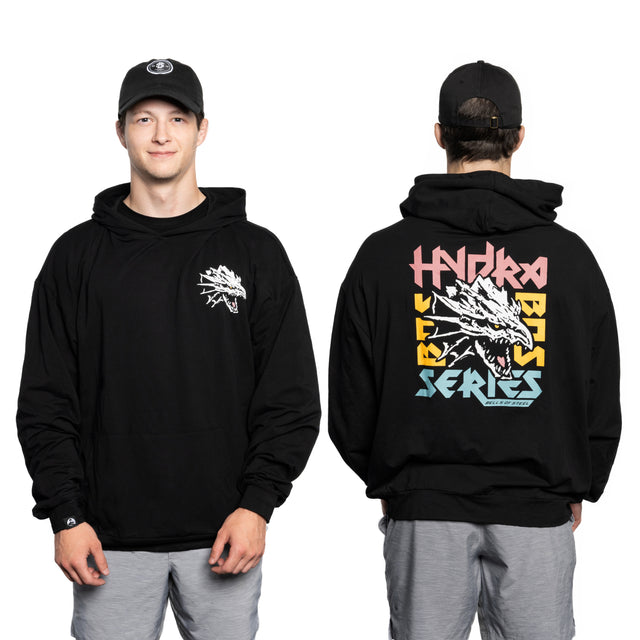 A man wears a black Bells of Steel Bamboo Hoodie and cap, shown front and back. The hoodie displays a dragon graphic on the chest and a large dragon with colorful "HYDRA BASS SERIES" text on the back.