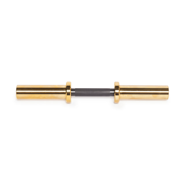 The Bells of Steel Loadable Dumbbell Handle features a gold finish with a black textured center grip, shown on a white background—an ideal addition to any home gym setup.