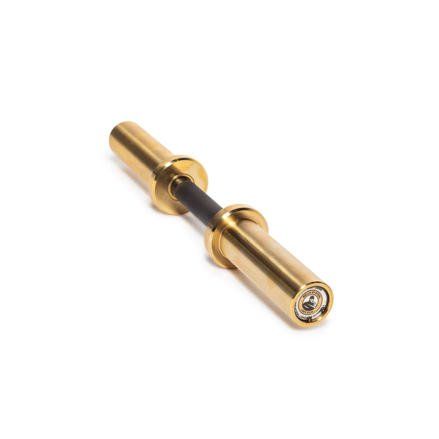 The Bells of Steel Loadable Dumbbell Handle features a gold finish, black grip section, and visible end bearing, making it ideal for gym equipment or your home gym. Displayed on a white background.