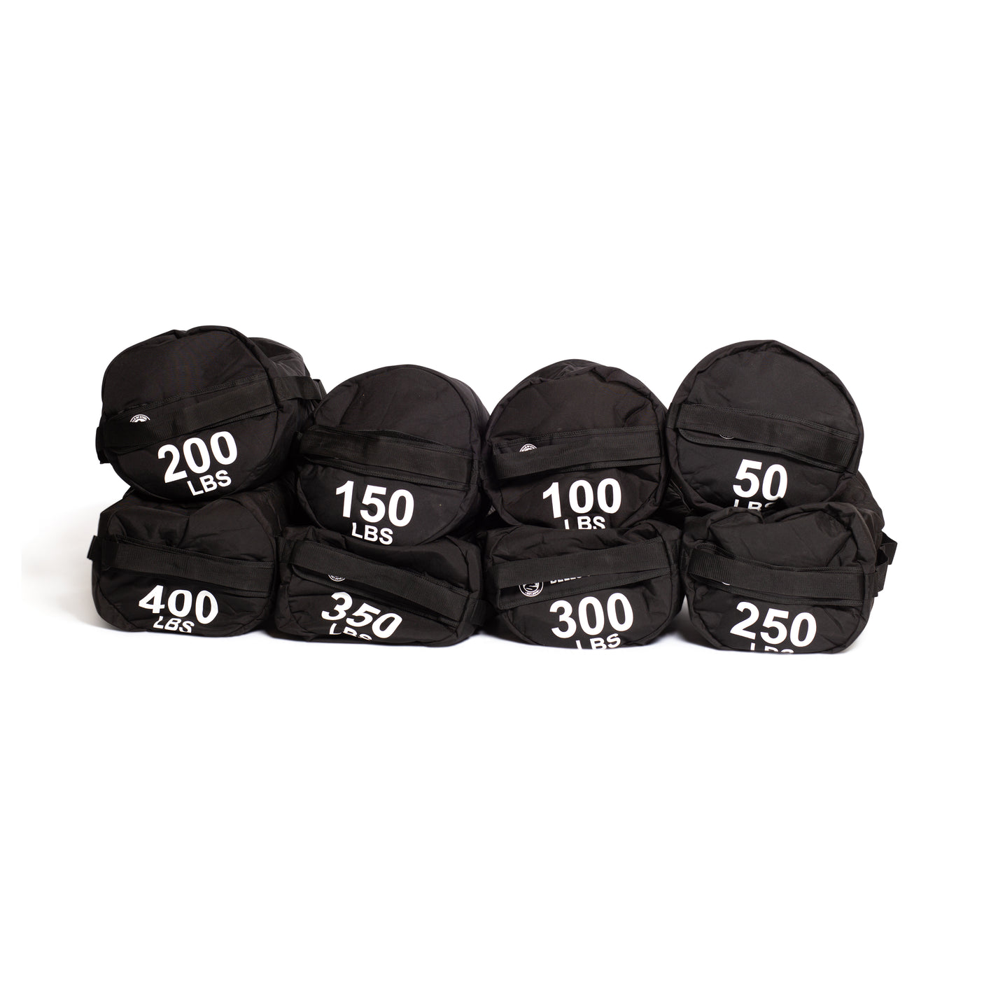 Seven Bells of Steel Fitness Sandbags, labeled from 50 to 400 lbs, display their durable Condura construction in two rows against a white background—ideal for sandbag workouts.