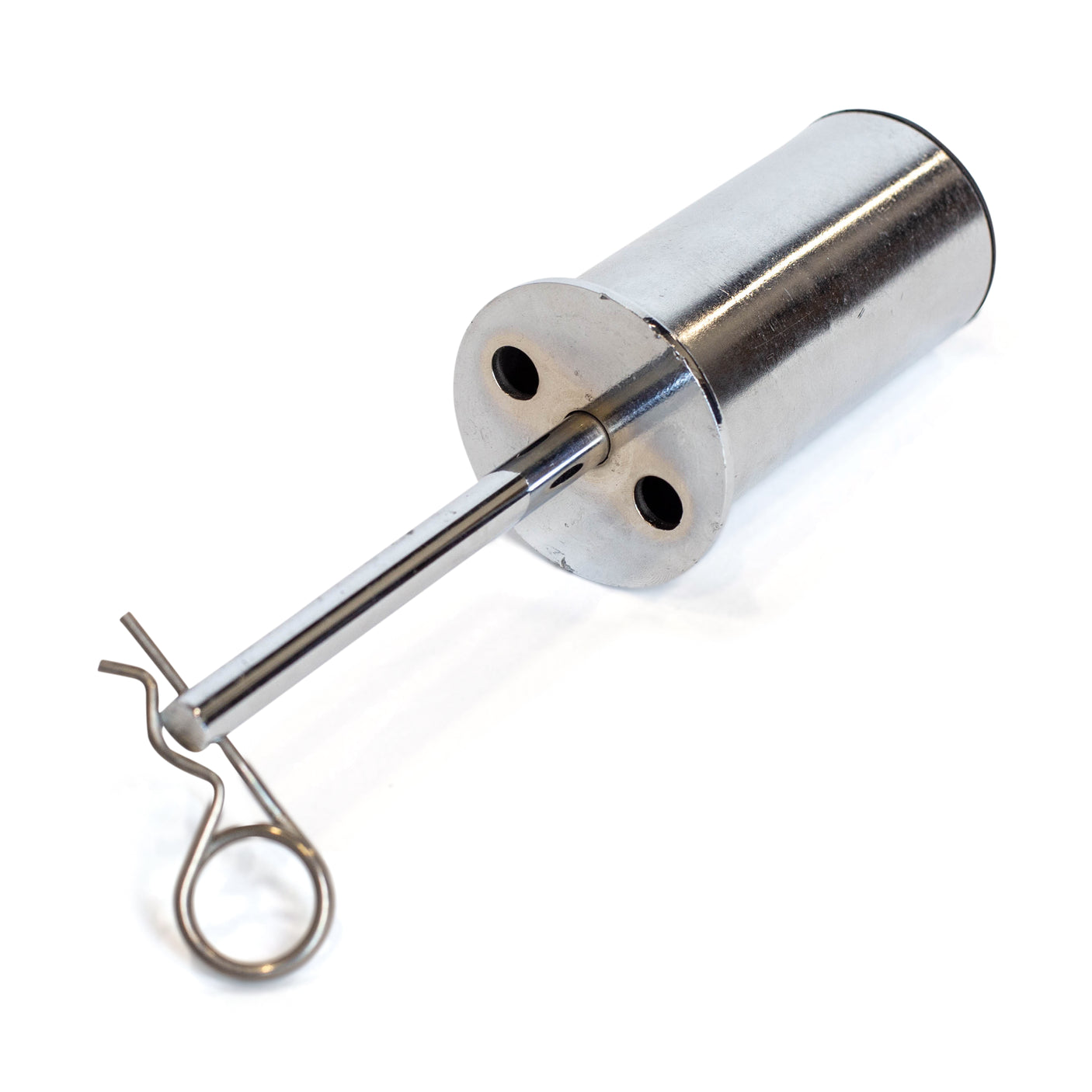 The Bells of Steel Weight Stack Pin is a cylindrical metal pin featuring two holes, a rod extending from one end, and a wire loop with hook. Photographed on a white background, it's perfect as a cable machine attachment.
